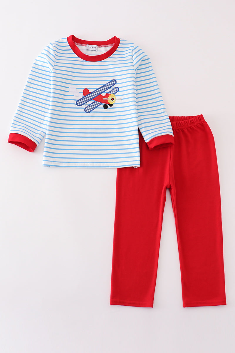 Blue stripe airplane applique boy set