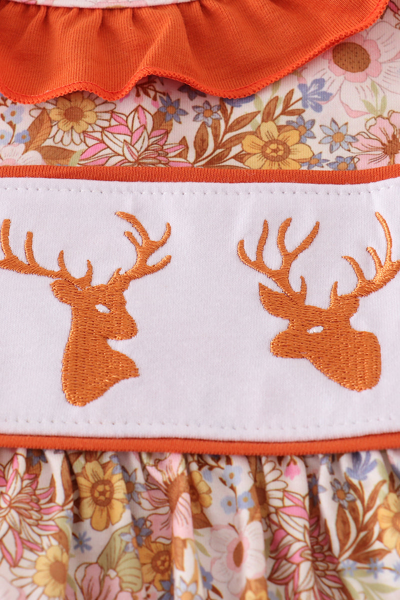 Rust flroal print deer embroidery ruffle pants set