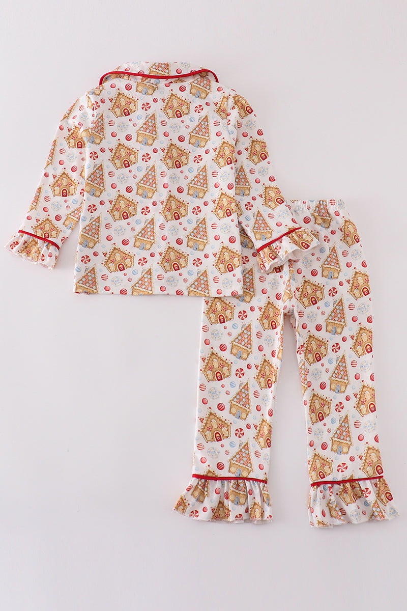 Christmas gingerbread house print girl pajamas set