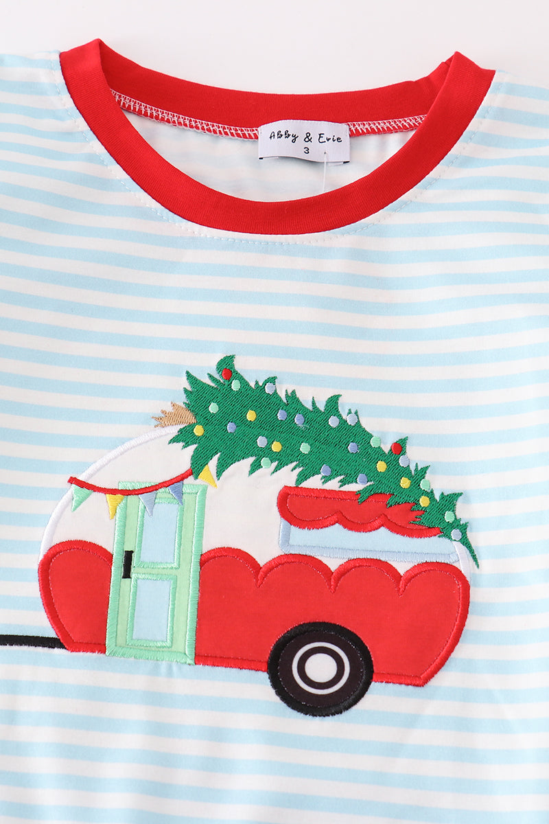 Blue christmas camper van applique boy set