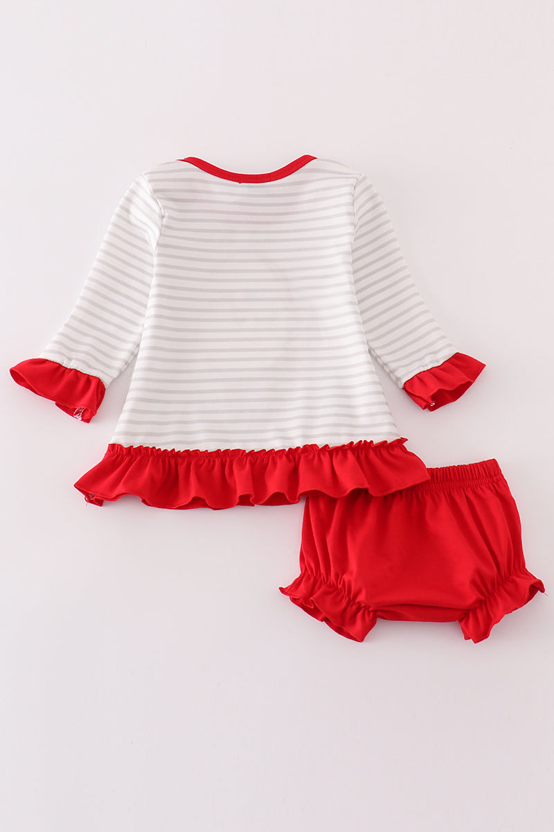 Red christmas santa claus applique stripe girl bloomer set