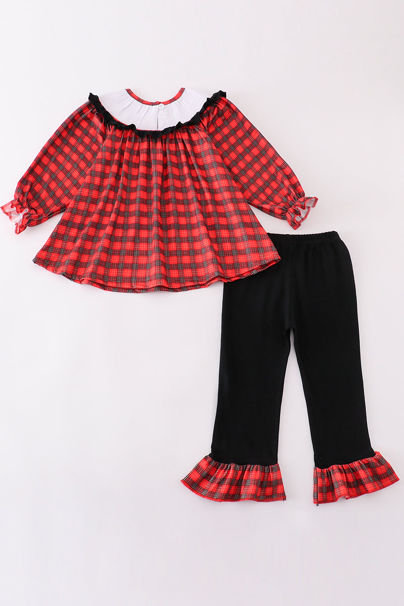 Red christmas santa embroidery smocked plaid bishop girl set