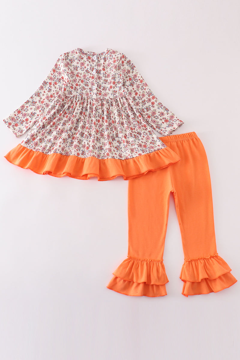 Coral floral cow applique girl set