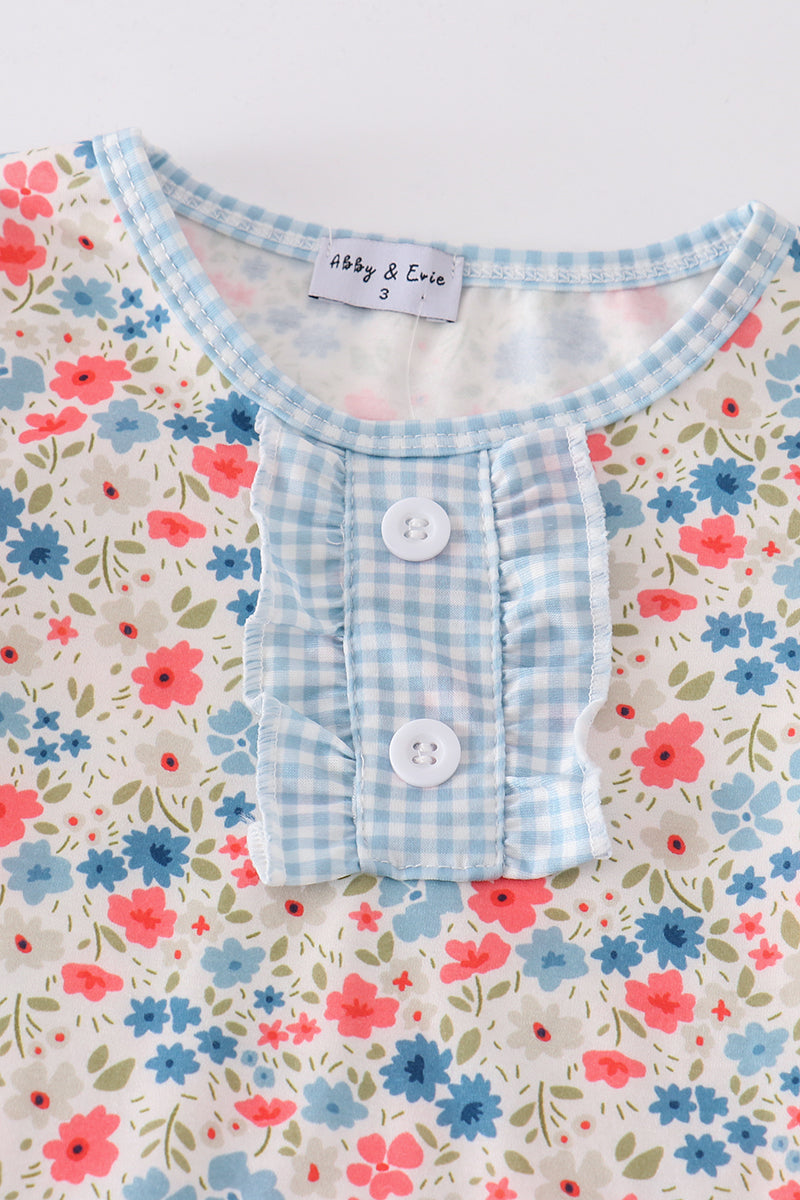 Pink&blue floral print girl set