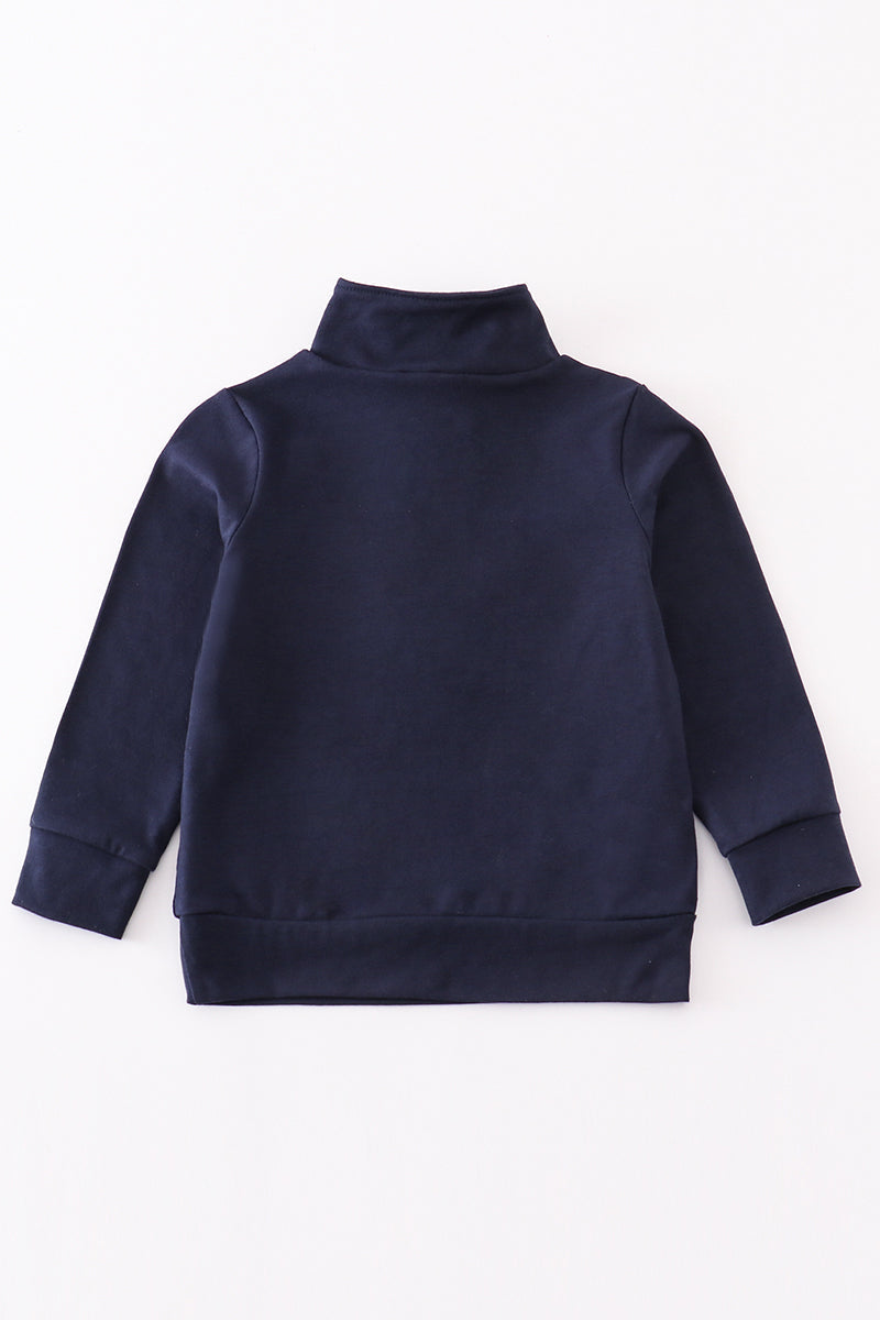 Navy character embroidery boy zipper pullover