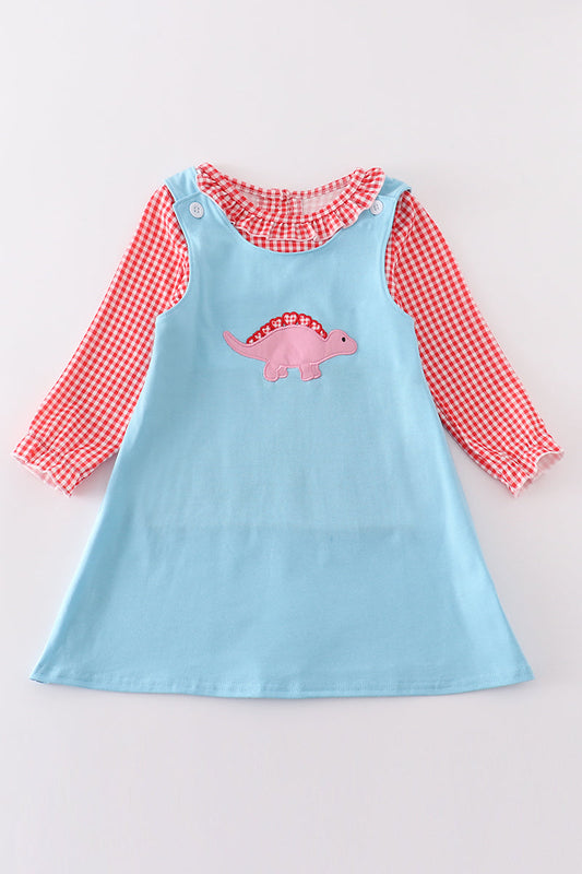 Blue valentine dinosaur applique girl dress set