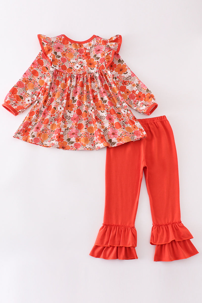 Fall floral print ruffle girl set