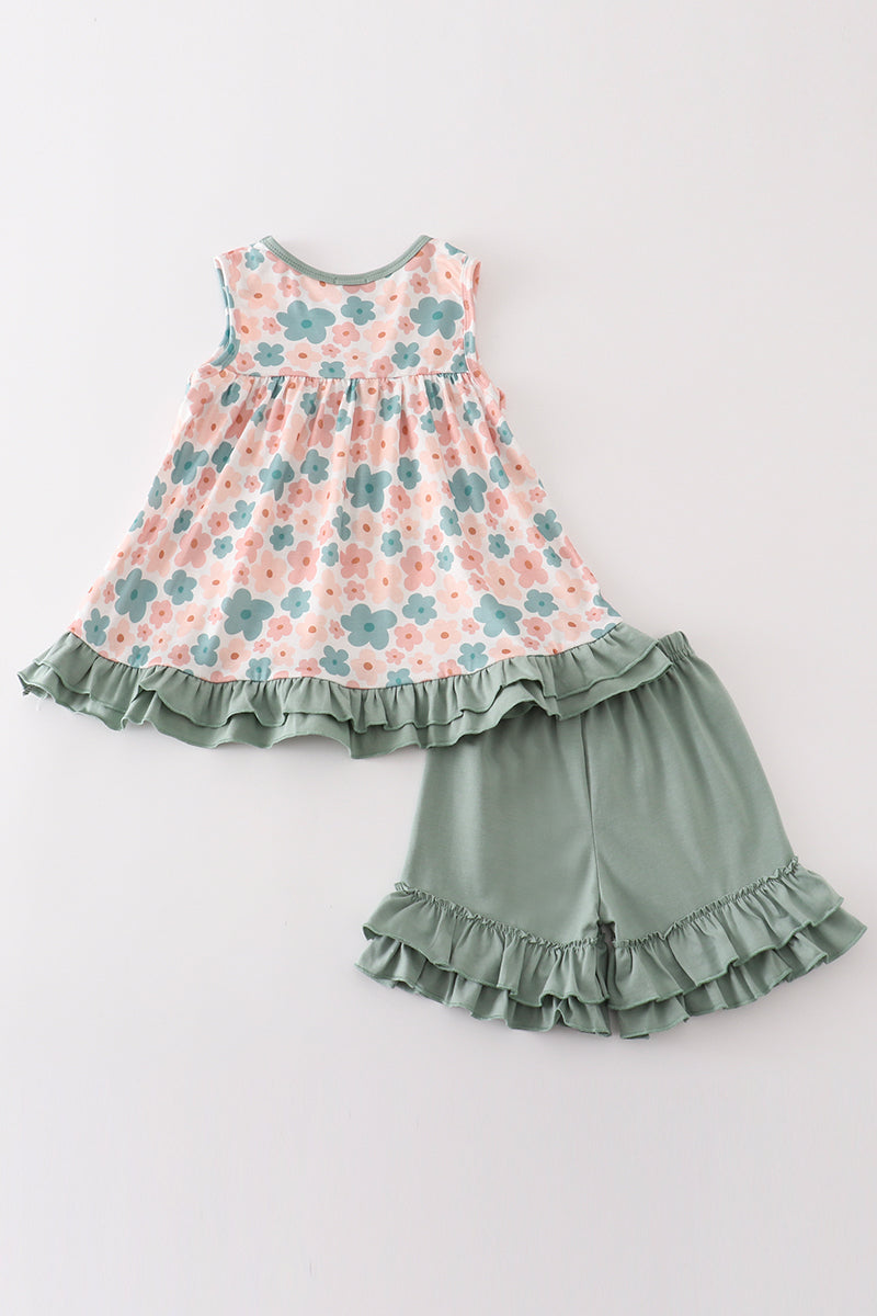 Green floral print girl set