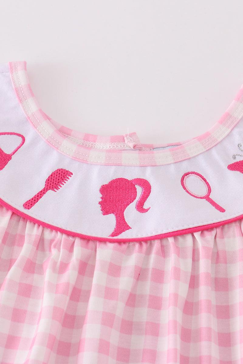 Pink barbie embroidery gingham girl set