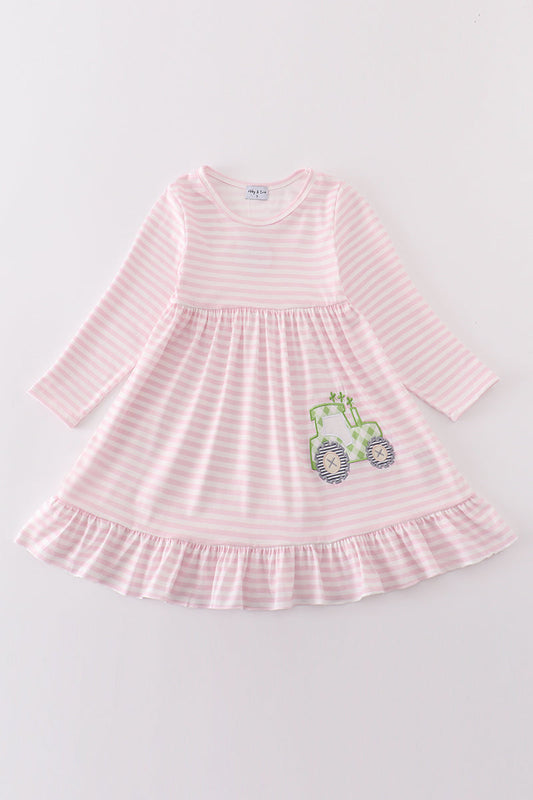 Pink tractor lucky clover applique girl dress