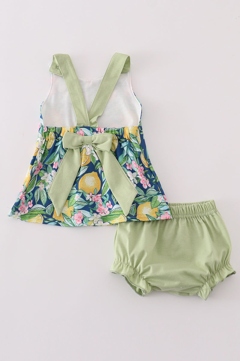 Greem lemon print girl bloomer set