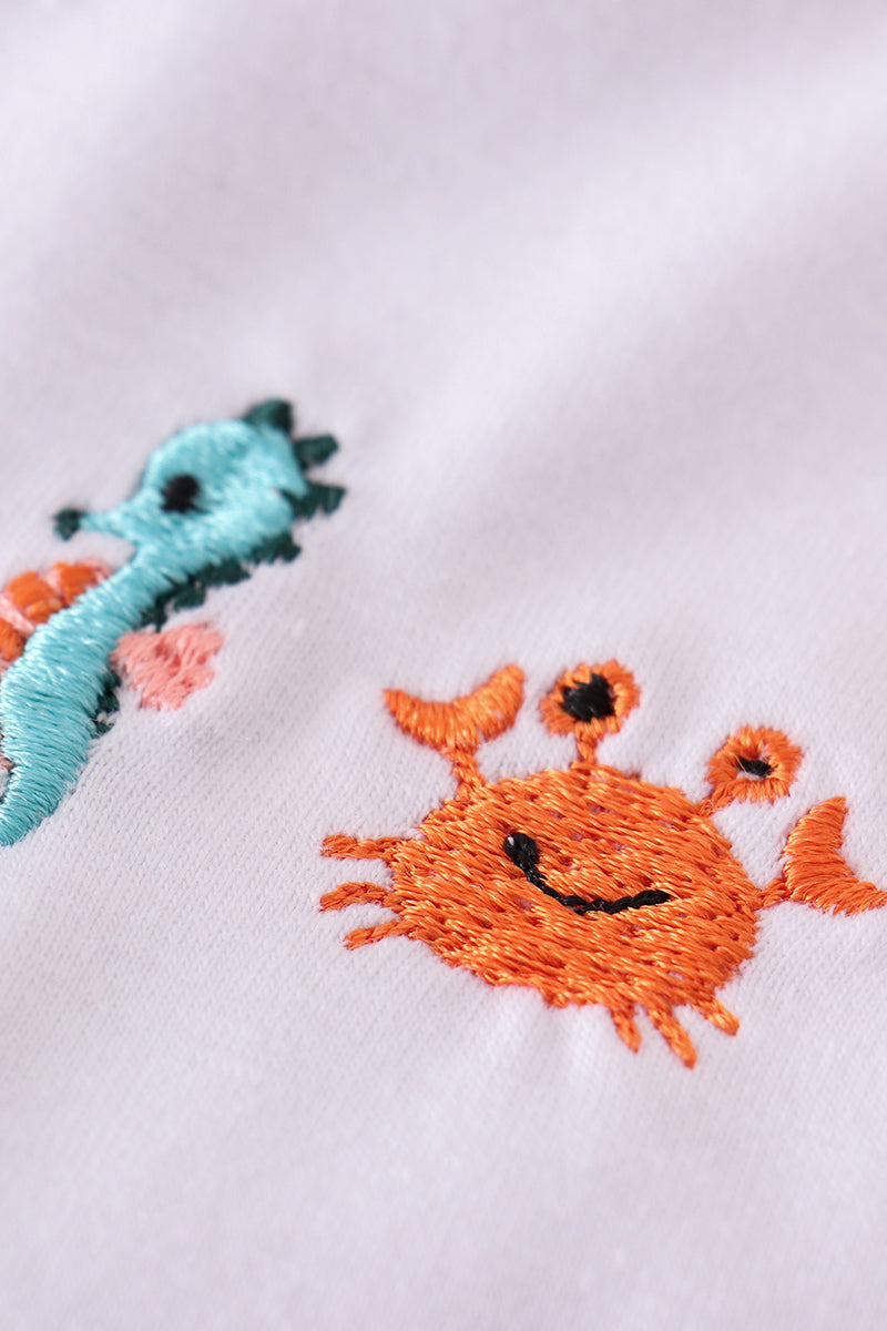 Coral & sage marine creature embroidery girl set