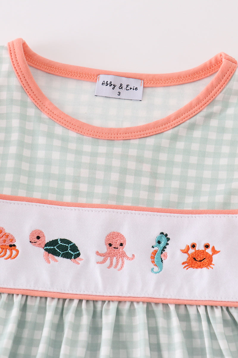 Coral & sage marine creature embroidery girl dress