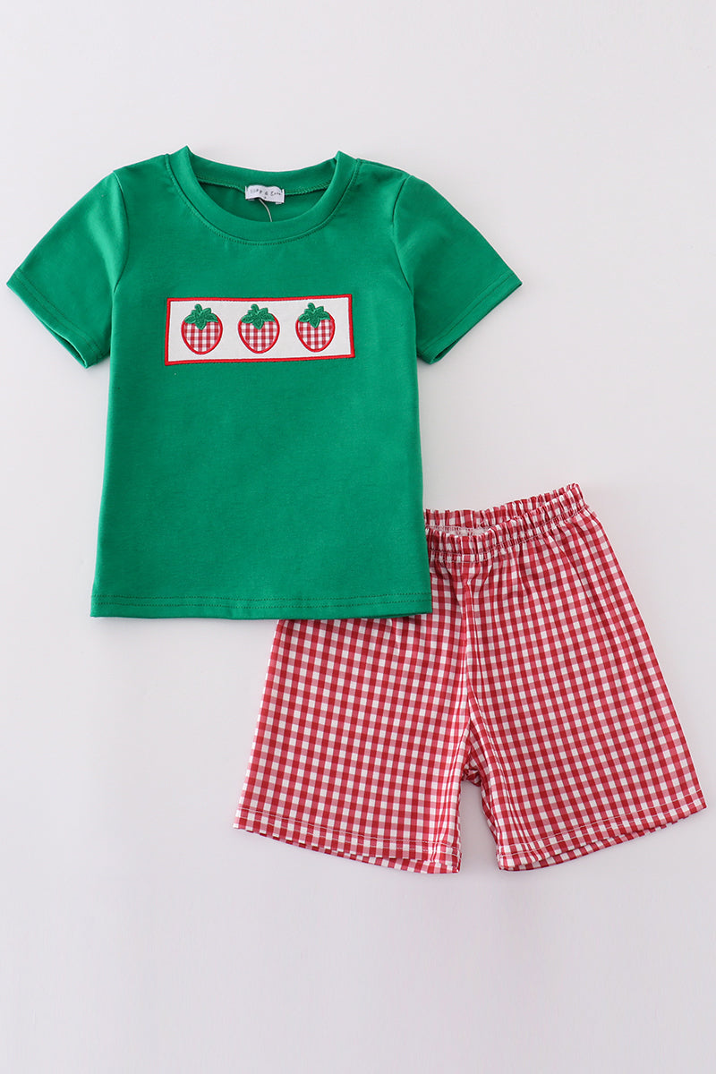 Red dot strawberry embroidery boy set