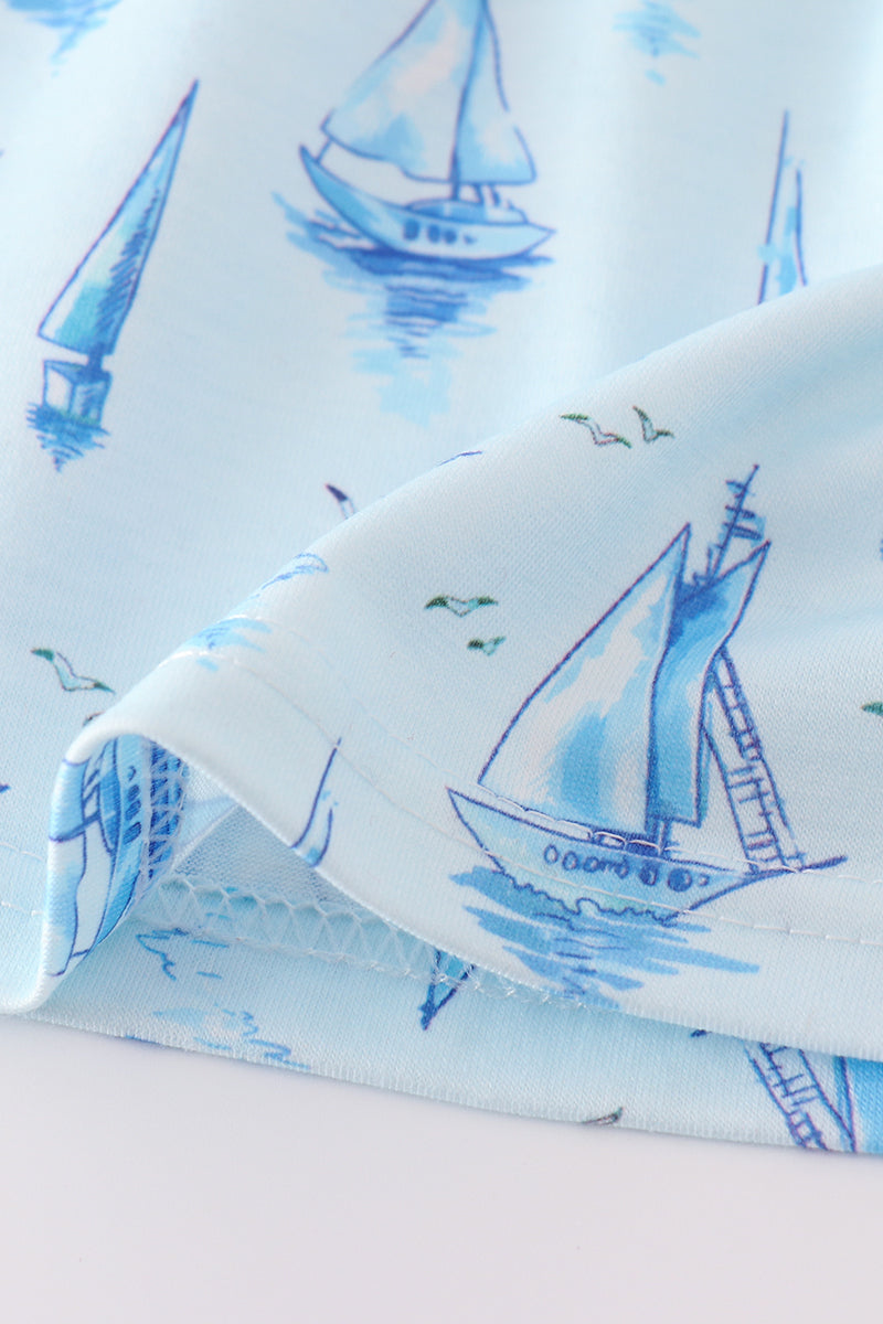 Blue sailboat print girl bloomer set