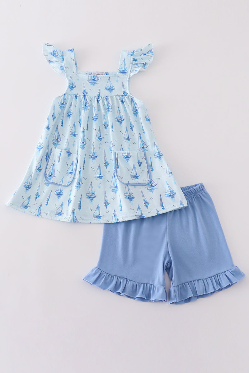 Blue sailboat print girl set