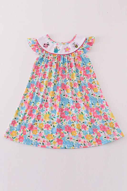 Floral bee embroidery girl dress