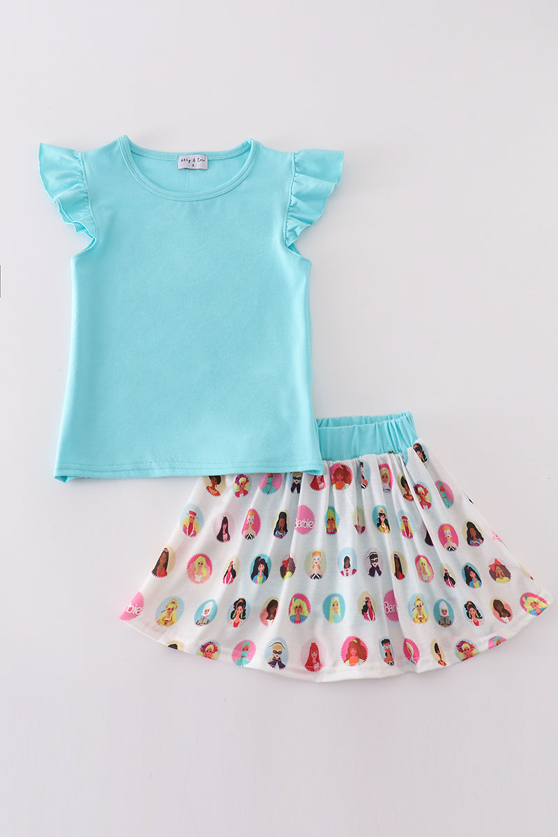 Mint barbie print girl skorts set