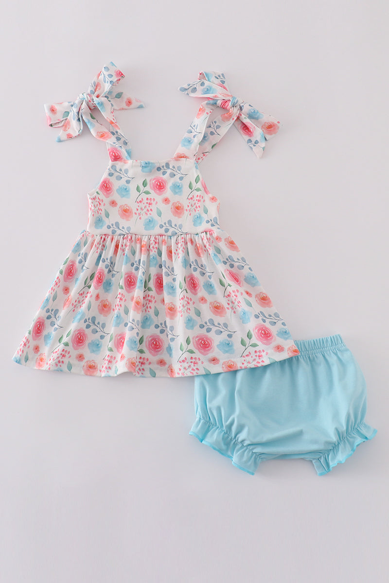 Blue floral print bow bloomer set