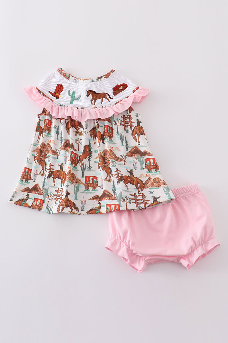 Pink western cowboy embroidery smocked bloomer set