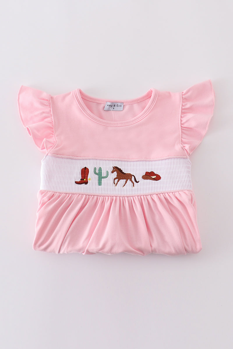 Pink western cowboy embroidery smocked set