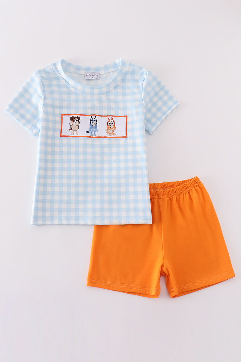 Blue gingham character embroidery boy set