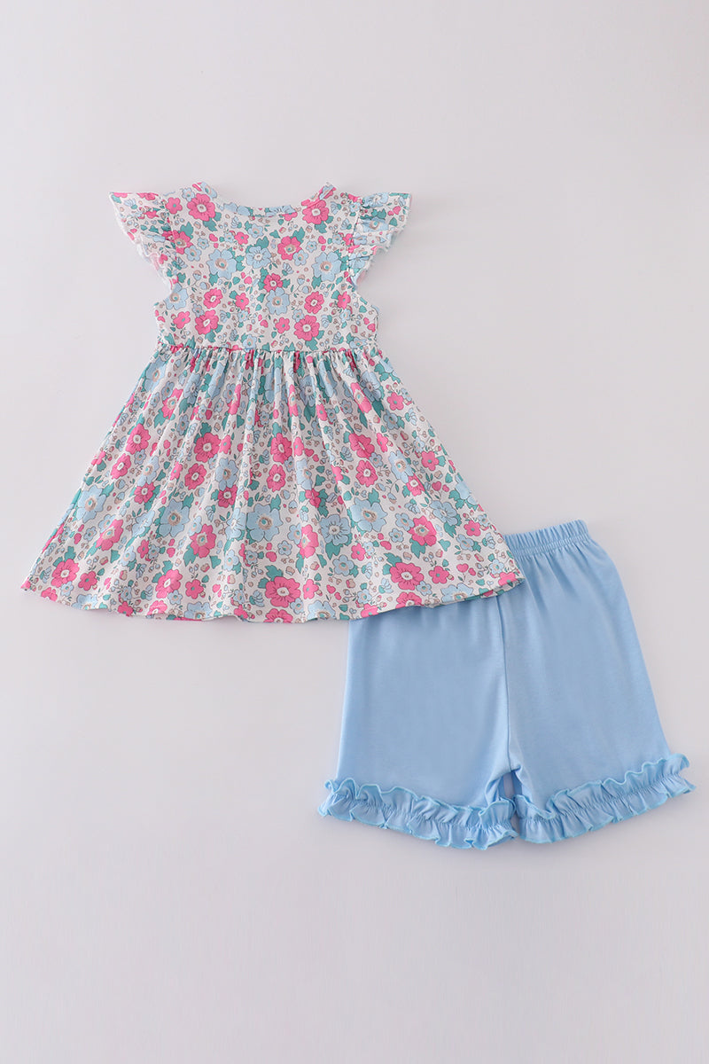 Blue floral print shorts set