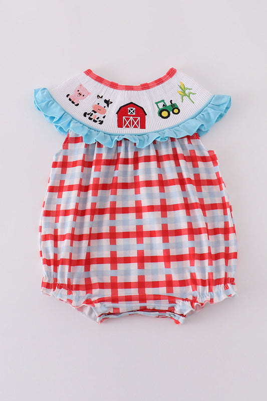 Blue farm embroidery smocked bubble