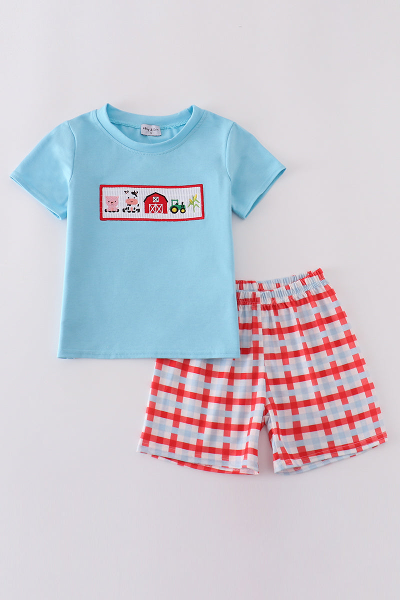 Blue farm embroidery smocked shorts set