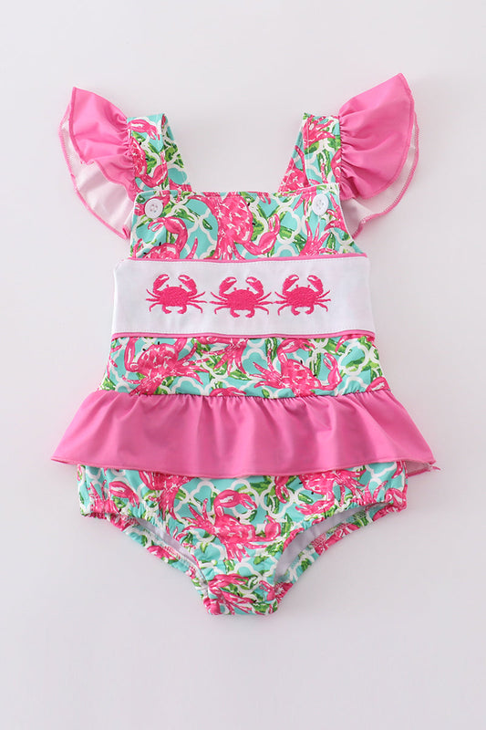 Pink crab embroidery one-piece swimsuit