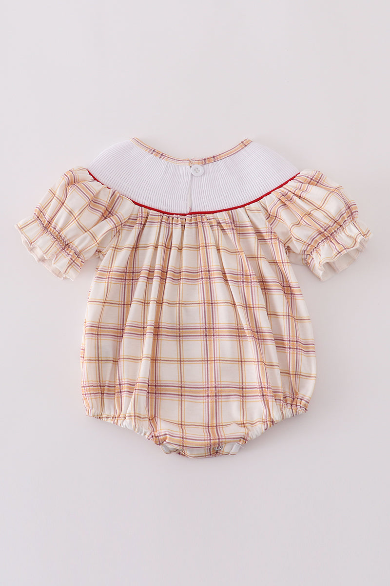 Khaki farm embroidery smocked plaid bubble