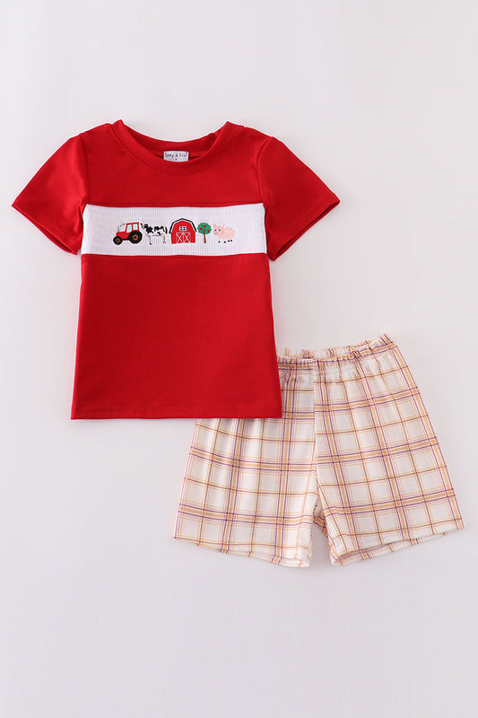 Khaki farm embroidery smocked plaid shorts set