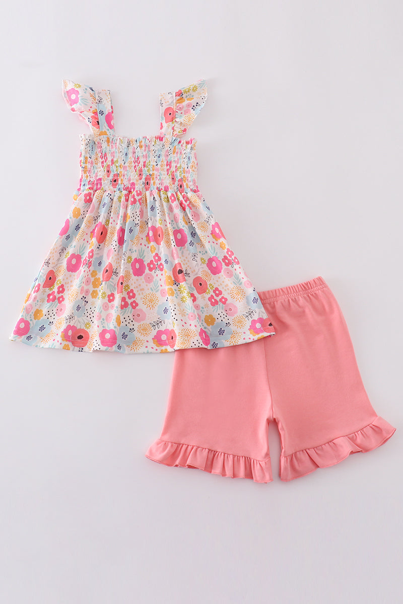 Pink floral print smocked set