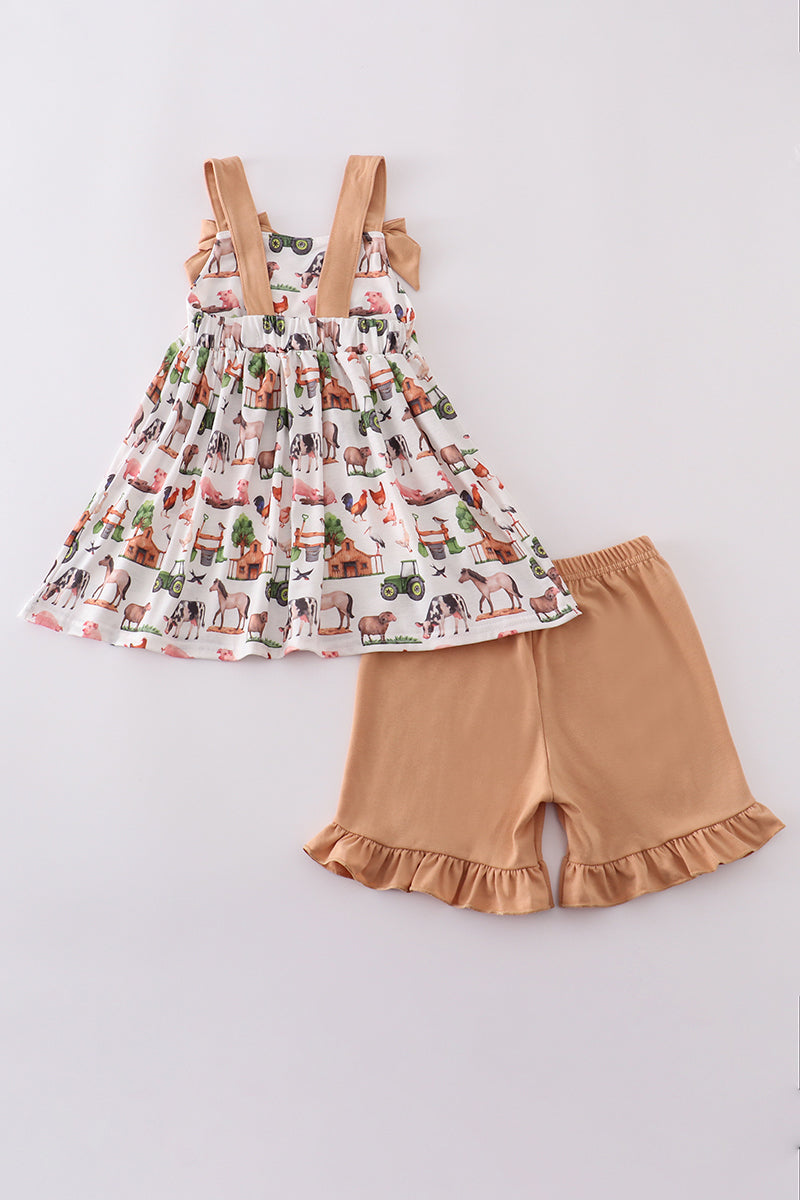 Khaki farm print bow girl set