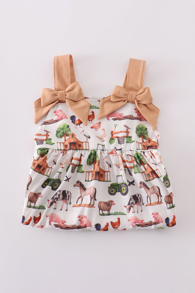 Khaki farm print bow girl set