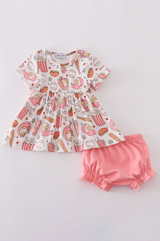 Pink baseball print girl bloomer set