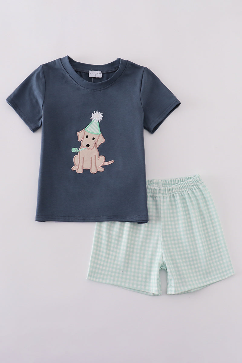 Navy puppy birthday applique boy set