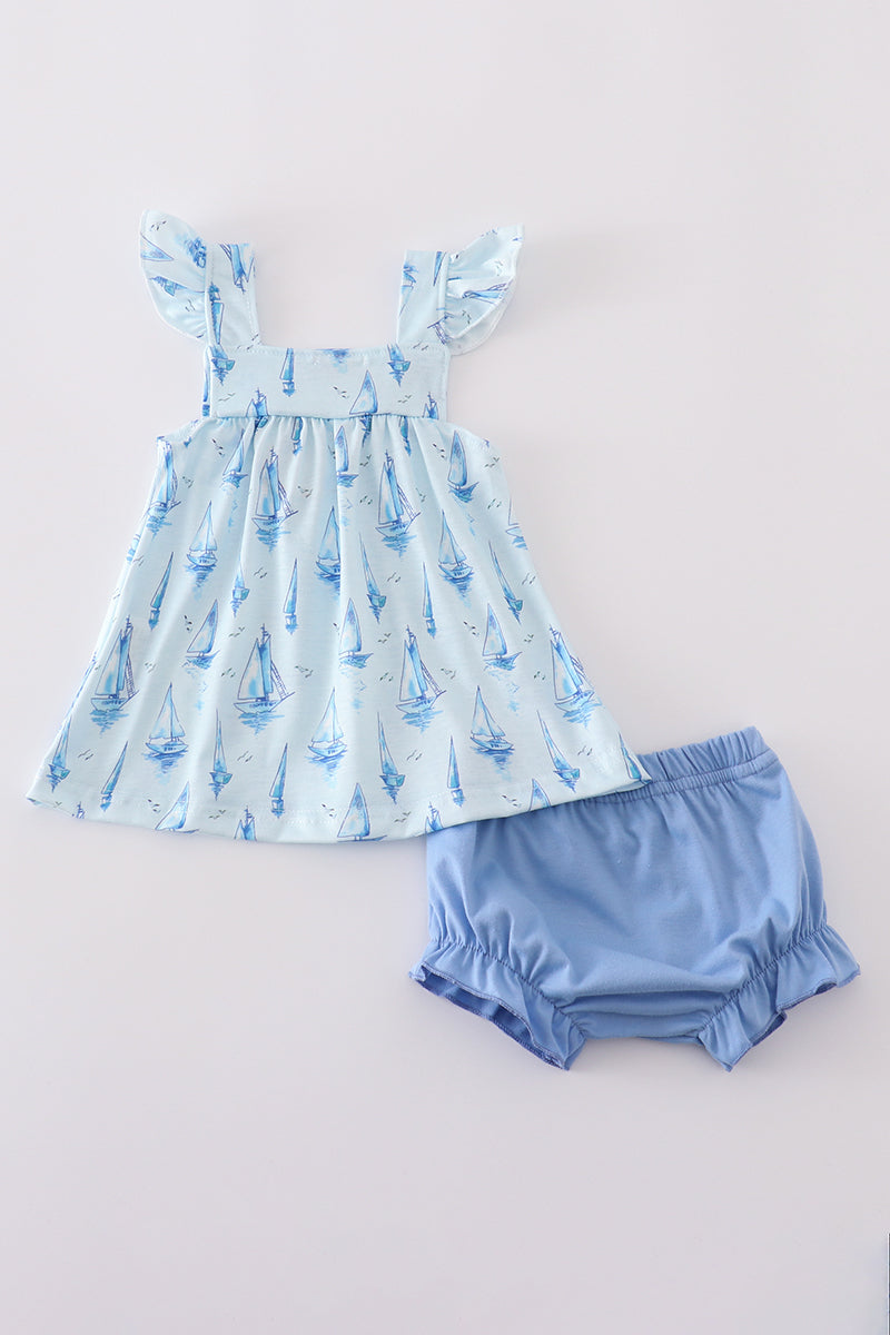 Blue sailboat print girl bloomer set