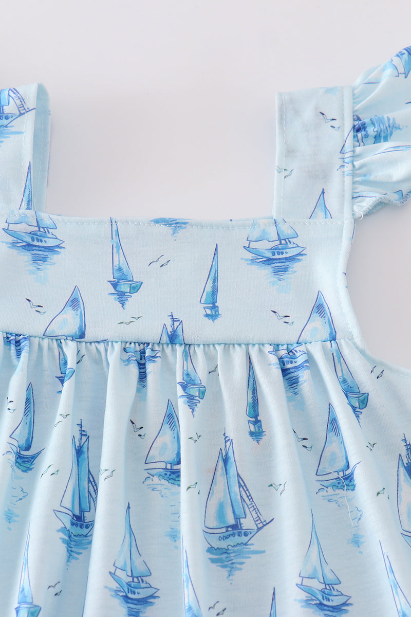 Blue sailboat print girl bloomer set