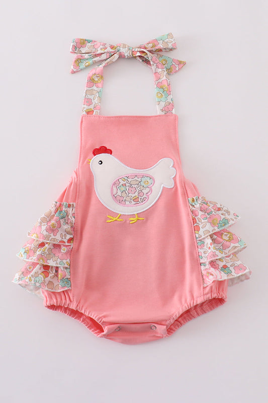 Pink floral chicken applique girl bubble