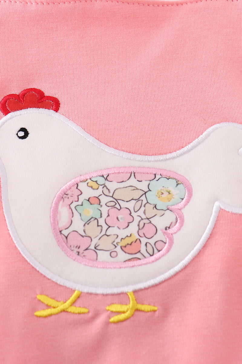 Pink floral chicken applique girl bubble