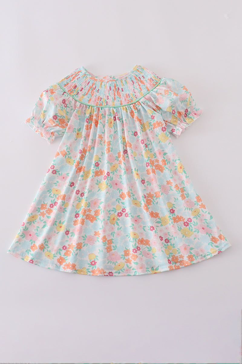 Green springtime bloom smocked girl dress