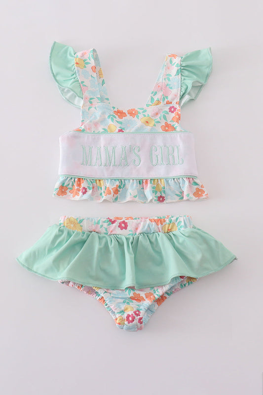 Green springtime bloom MAMA'S GIRL embroidery 2pc swimsuit