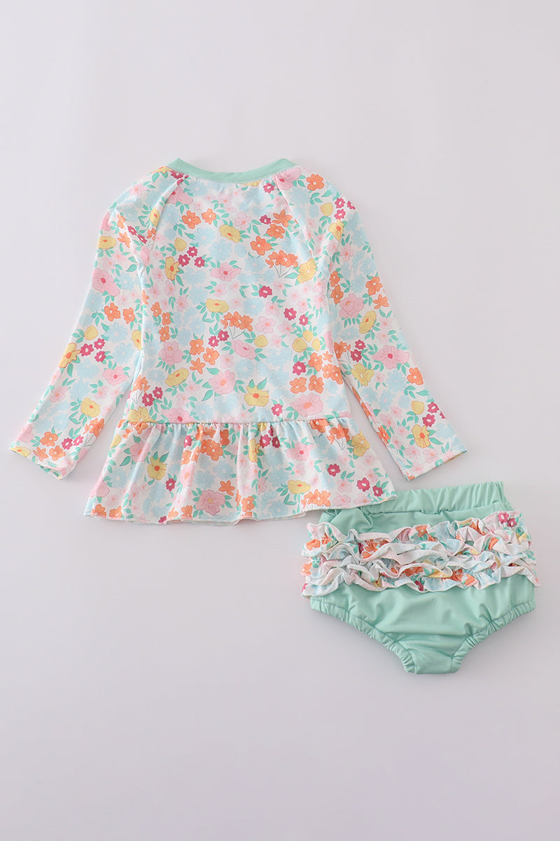 Green springtime bloom girl long sleeve swimsuit