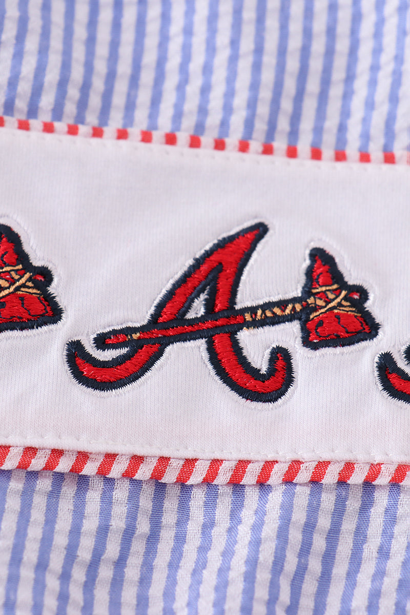 Navy seersucker Georgia Atlanta Braves embroidery girl one-piece swimsuit