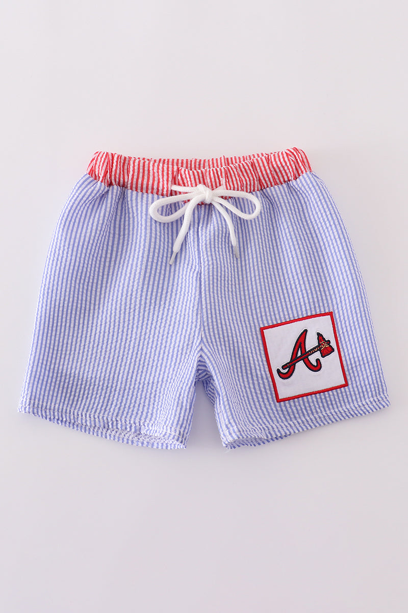 Navy seersucker Georgia Atlanta Braves embroidery boy swim trunks