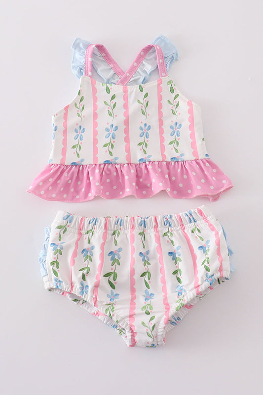 Pink floral print girl 2pc ruffle swimsuit