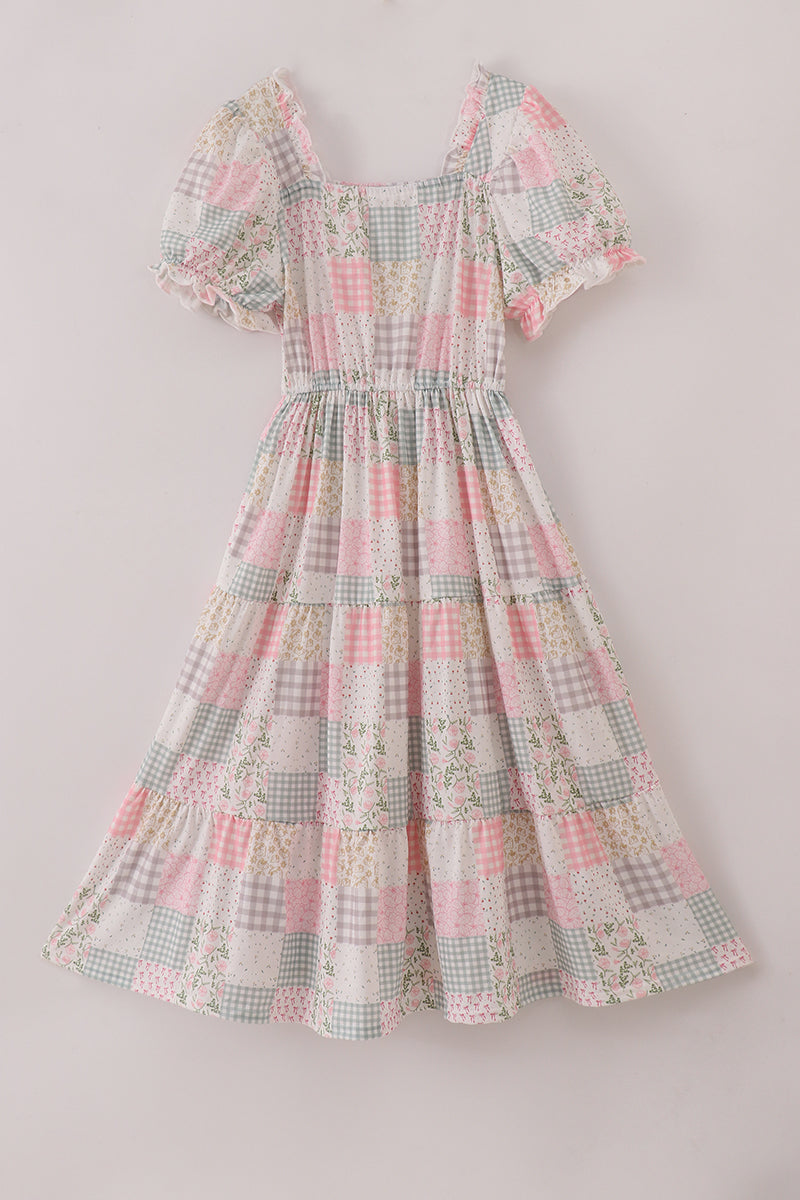 Pastel patchwork garden print tiered mom dress