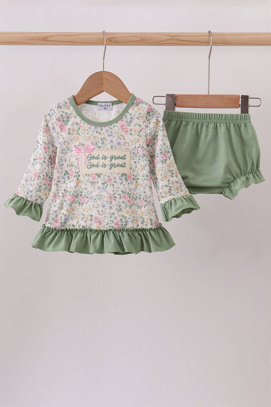 Green floral god is great embroidery ruffle bloomer set