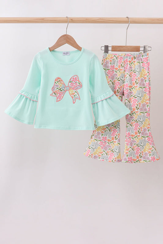 Blue bow floral applique ruffle pants set